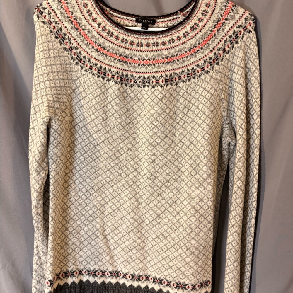 Talbots Cream Fair Isle Yoke Sweater with Coral and Gray